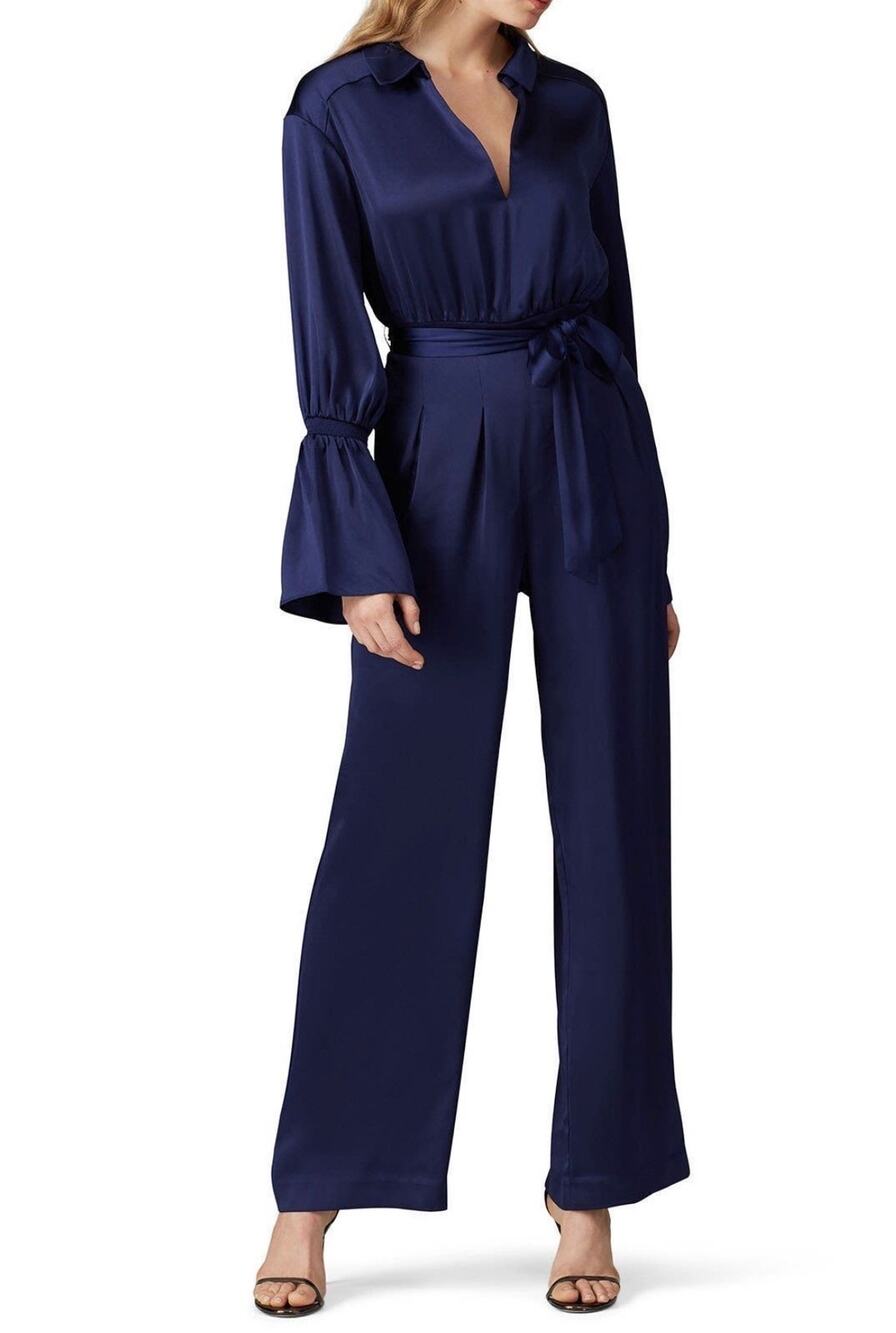 Three Floor Brigitte Satin Long Sleeve V-Neck Tie Waist Jumpsuit in Navy Size 4
